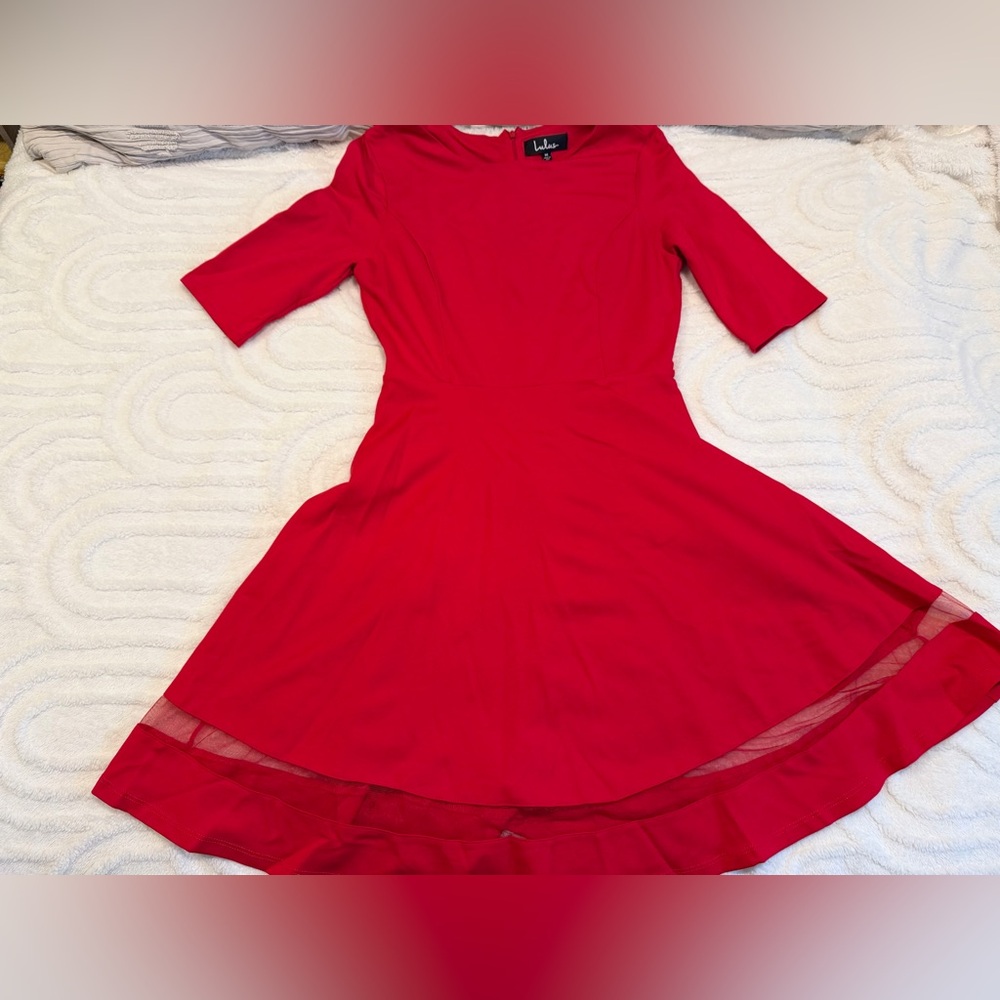 Lulu's Sheer Factor Red Skater Dress, Size M, EUC, Formal Holiday Party Dress - Picture 2 of 9